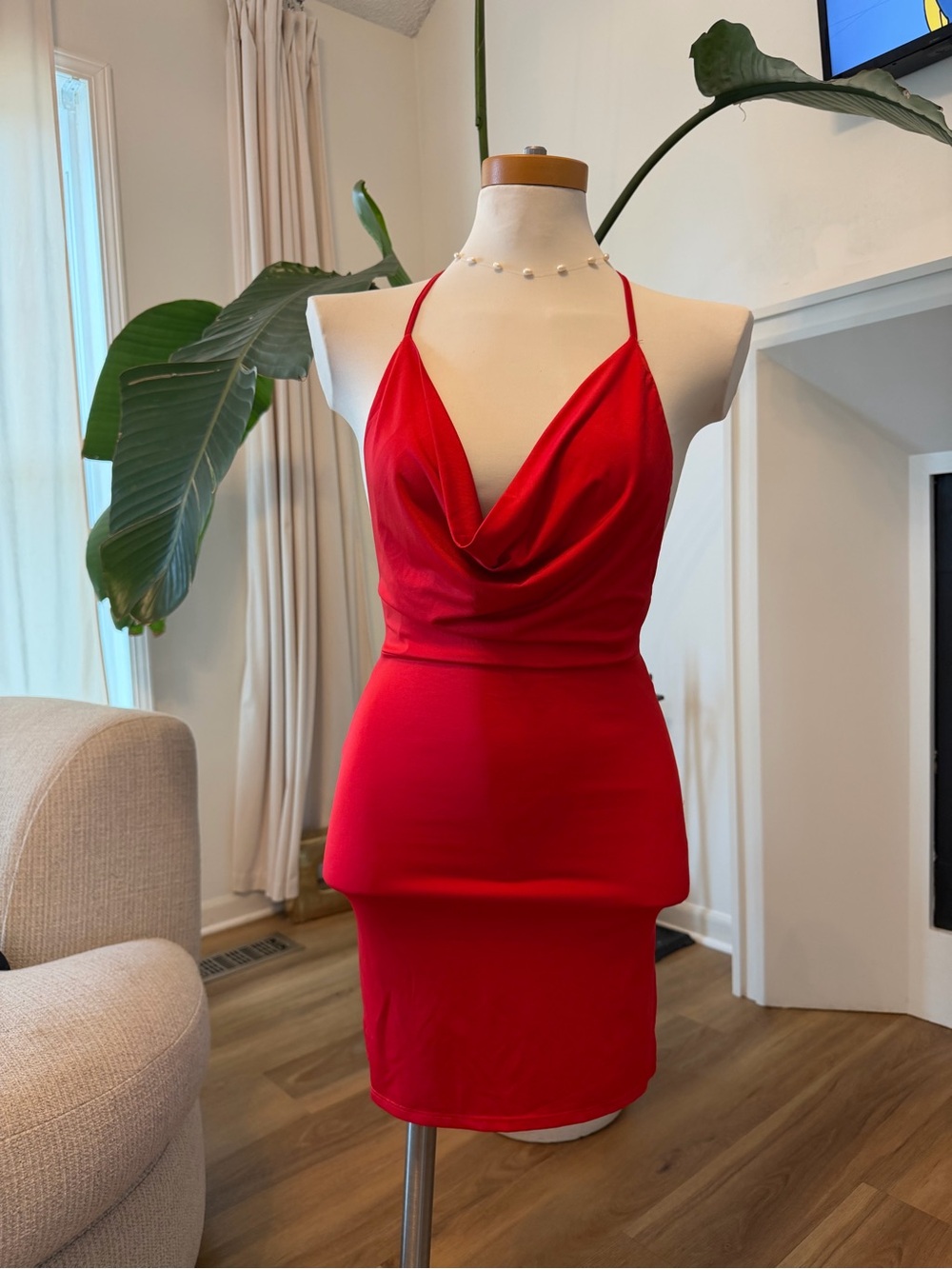 Fashion Nova Red Cowl Neck Mini Dress with Spaghetti Straps